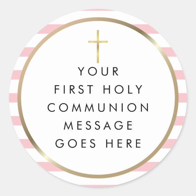 Sticker Rond Croix d'or - Stripe rose Message de Communion (Devant)