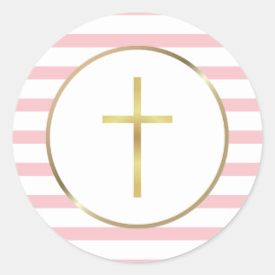 Sticker Rond Croix dorée élégante rayure rose