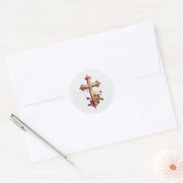 Sticker Rond Croix en bois élégante aux fleurs roses (Enveloppe)