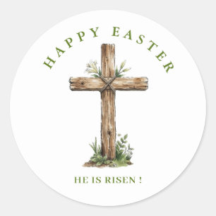 Sticker Rond Croix en bois rustique  Il est ressuscité Étiquett