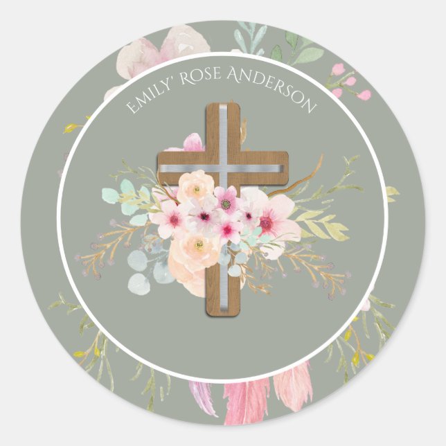 Sticker Rond Croix Florale rose Filles Baptême Fleur Jolie (Devant)