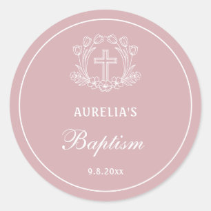 Sticker Rond Croix florale simple sur le baptême rose
