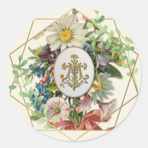 Sticker Rond Croix mariale religieuse Vintage Florale catholiqu