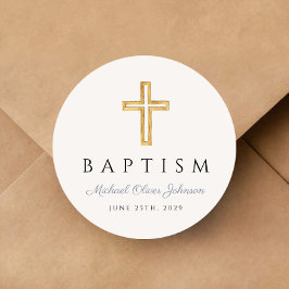 Sticker Rond Croix religieuse bleu Dusty Script garçon Baptême