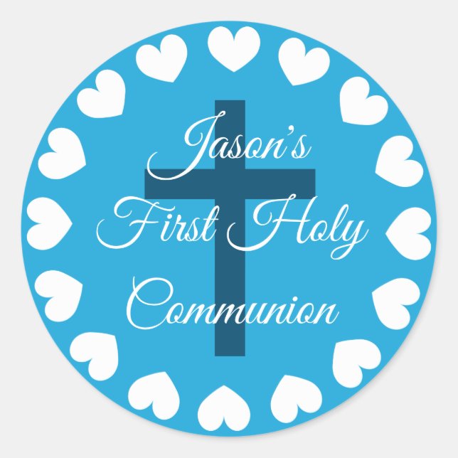 Sticker Rond Croix religieuse bleue première communion sainte (Devant)