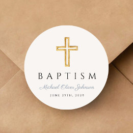 Sticker Rond Croix Religieuse Garçon Baptême Script Bleu Poussi