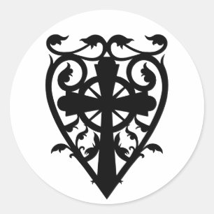 Sticker Rond Croix romantique gothique au coeur