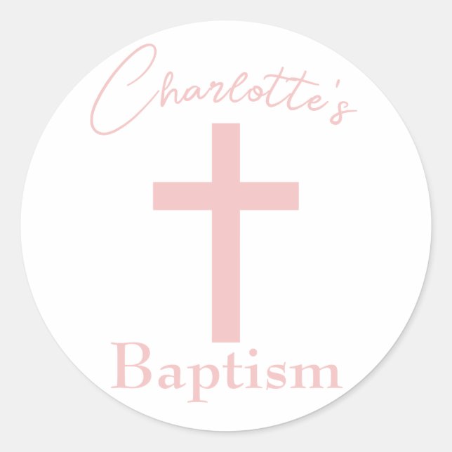 Sticker Rond Croix rose bébé avec nom personnalisé Baptême (Devant)