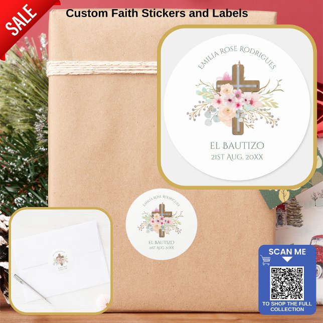Sticker Rond Croix rose florale filles Bautizo Bautismo Baptism (Créateur téléchargé)