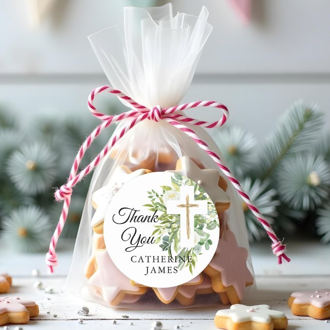 Sticker Rond Croix végétale florale Baptême élégant (Créateur téléchargé)