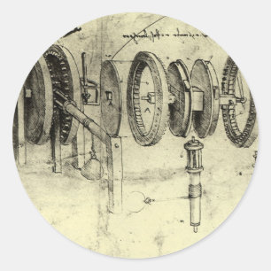 Sticker Rond Croquis d'ingénierie de Léonard de Vinci d'une rou