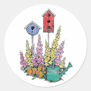 Sticker Rond Croquis rustique d'aquarelle de jardin de volière