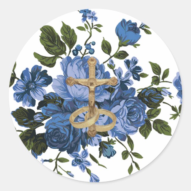 Sticker Rond Crucifix en or Floral Rose bleu religieux (Devant)