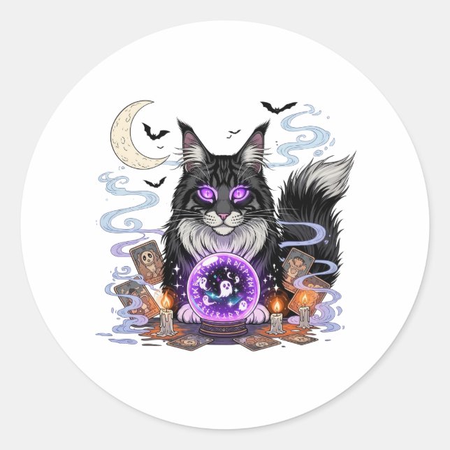 Sticker Rond Crystal Ball Coon - Maine Coon Halloween (Devant)