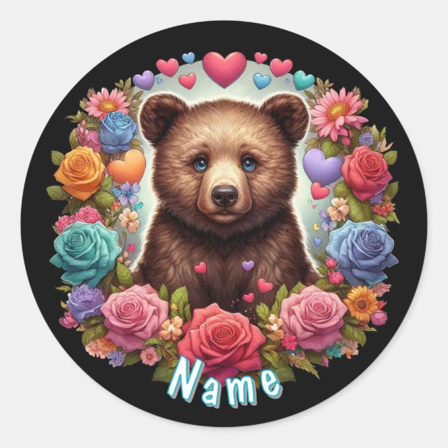 Sticker Rond Cube d'ours personnalisé avec Roses et coeurs (Devant)