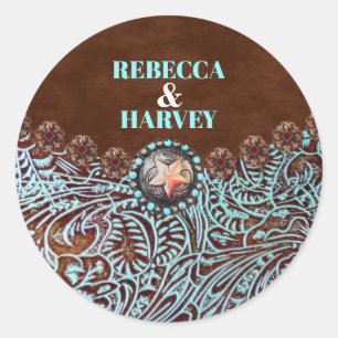 Sticker Rond cuir brun turquoise pays mariage de l'ouest