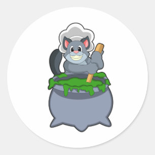 Sticker Rond Cuire le chat avec la potion magique