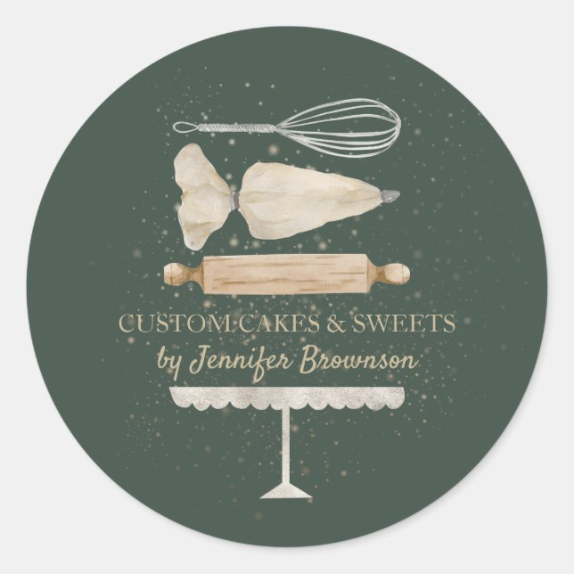 Sticker Rond Cuisine de cuisson Ustensile sauge vert élégant (Devant)