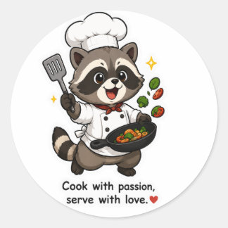 STICKER ROND CUISINEZ AVEC PASSION SERVEZ AVEC AMOUR CHEF RACCO