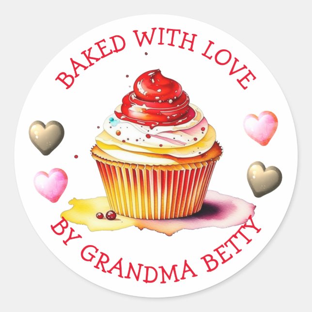 Sticker Rond Cuit avec amour, Cupcake au chocolat fait main (Devant)