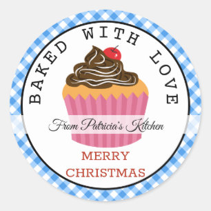 Sticker Rond Cuit Avec Amour Noël Cupcakes En vichy Bleu
