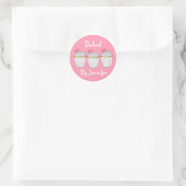 Sticker Rond Cuit avec amour Personnalisé Coeur de Cupcake Rose (Sac)