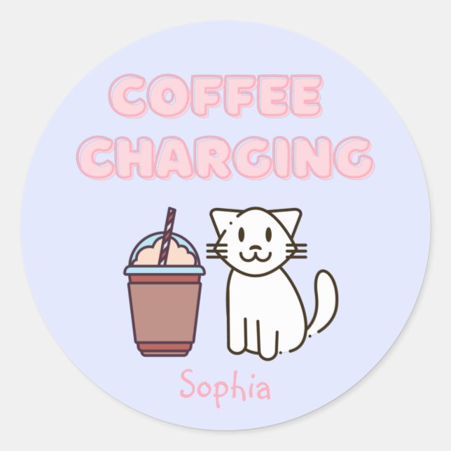 Sticker Rond Cuite Blanc Chat & Drôle Café Café Caféine Pastel (Devant)