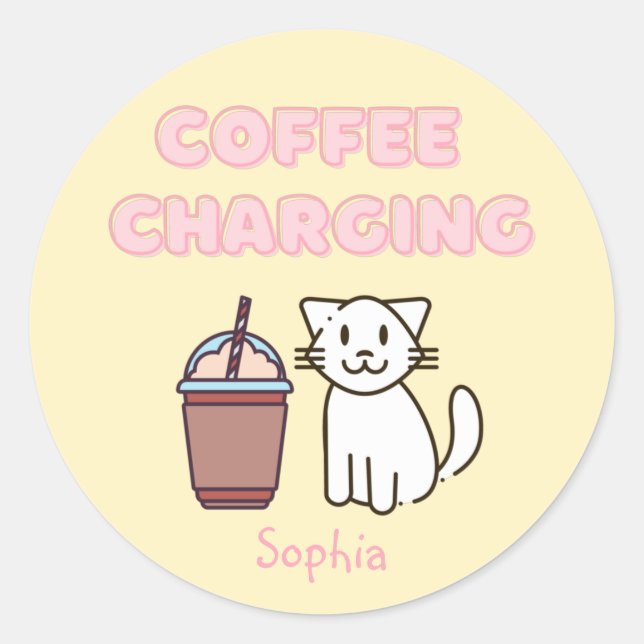 Sticker Rond Cuite Blanc Chat & Drôle Café Café Caféine Pastel  (Devant)