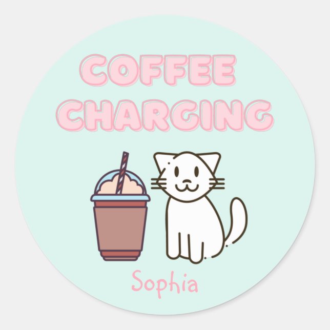 Sticker Rond Cuite Blanc Chat & Drôle Café Café Caféine Pastel (Devant)