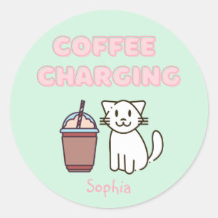 Sticker Rond Cuite Blanc Chat & Drôle Café Café Caféine Pastel 