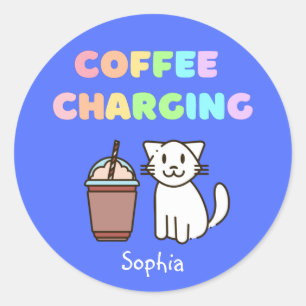 Sticker Rond Cuite Blanc Chat & Drôle Café Caféine Clas Arc-en-