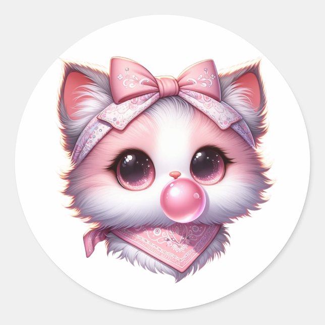 Sticker Rond Cuite Coquette Chat Rose Bow Bandanna Bubble Gum (Devant)