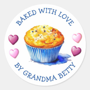 Sticker Rond Cuits avec Amour, Muffins aux Myrtilles Faits Main