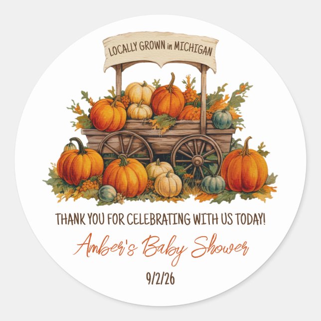 Sticker Rond Cultivé localement, Baby shower Citrouille des fer (Devant)
