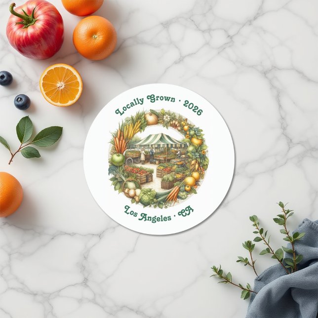 Sticker Rond Cultivé localement - Fête d'anniversaire du marché (Locally Grown - Farmers Market Birthday Party Classic Round Sticker)