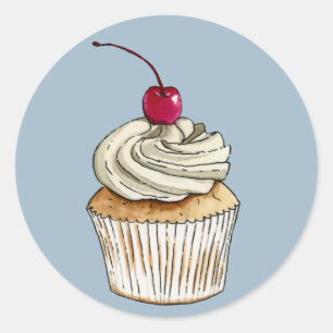 Sticker Rond Cupcake à l'aquarelle avec crème et cerise