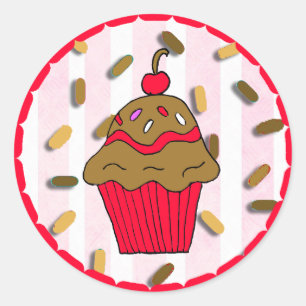 Sticker Rond Cupcake au chocolat avec des arrosages de bonbons