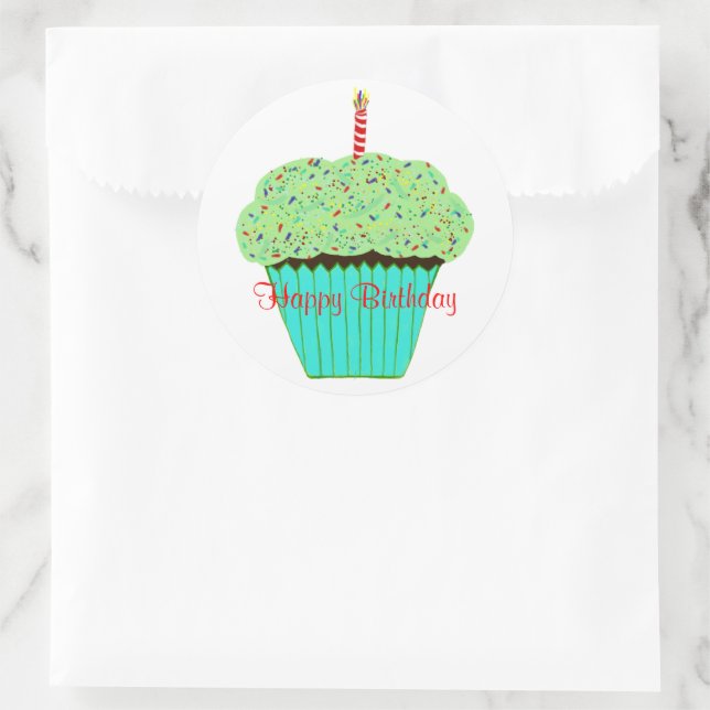 Sticker Rond Cupcake au chocolat vert d'anniversaire (Sac)