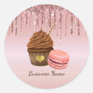 Sticker Rond Cupcake Bakery Pastry Chef Glitter Drips Rose Gold