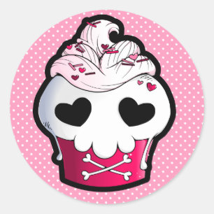 Sticker Rond Cupcake crâne rose