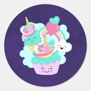 Sticker Rond Cupcake mignonne et crème glacée joyeuse