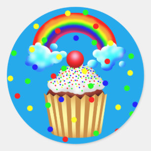 Sticker Rond Cupcake Party avec arc-en-ciel et arroseurs