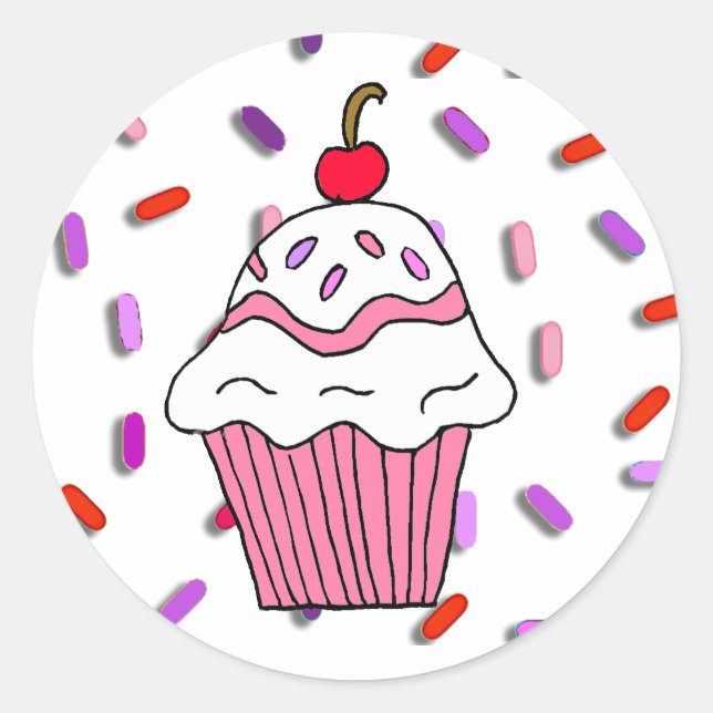 Sticker Rond Cupcake rose avec des arrosages de bonbons (Devant)