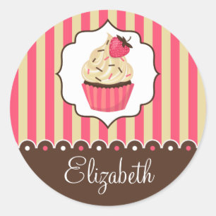 Sticker Rond Cupcake rose et Brown avec nom personnalisé