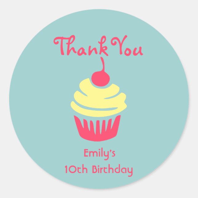 Sticker Rond Cupcake rose et jaune Merci d'anniversaire (Devant)