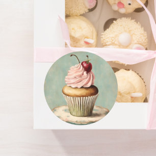 Sticker Rond Cupcake rose vintage Anniversaire Tea Party