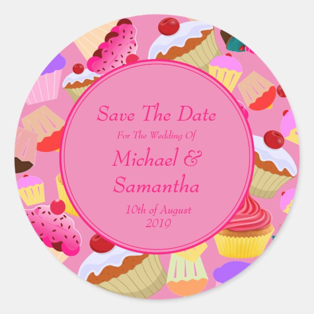 Sticker Rond Cupcake Rose Vive - Mariage Enregistrer La Date (Devant)