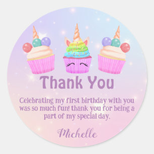 Sticker Rond cupcakes arc-en-ciel merci fille 1er anniversaire