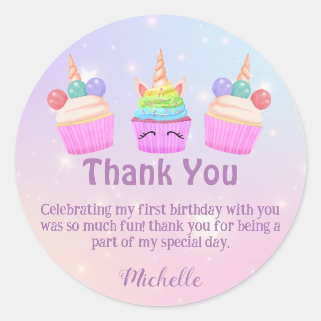 Sticker Rond cupcakes arc-en-ciel merci fille 1er anniversaire  (Devant)