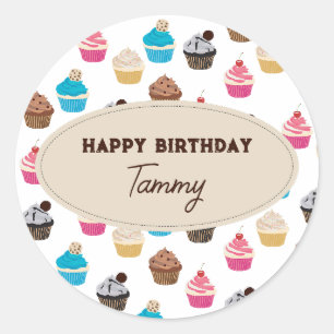 Sticker Rond Cupcakes Couleur Motif fête d'anniversaire